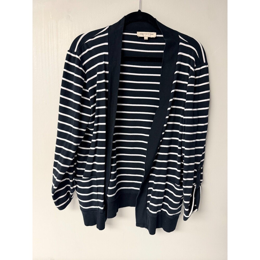 Jones New York Sport Cardigan Womens Large Black White Stripe Open Front